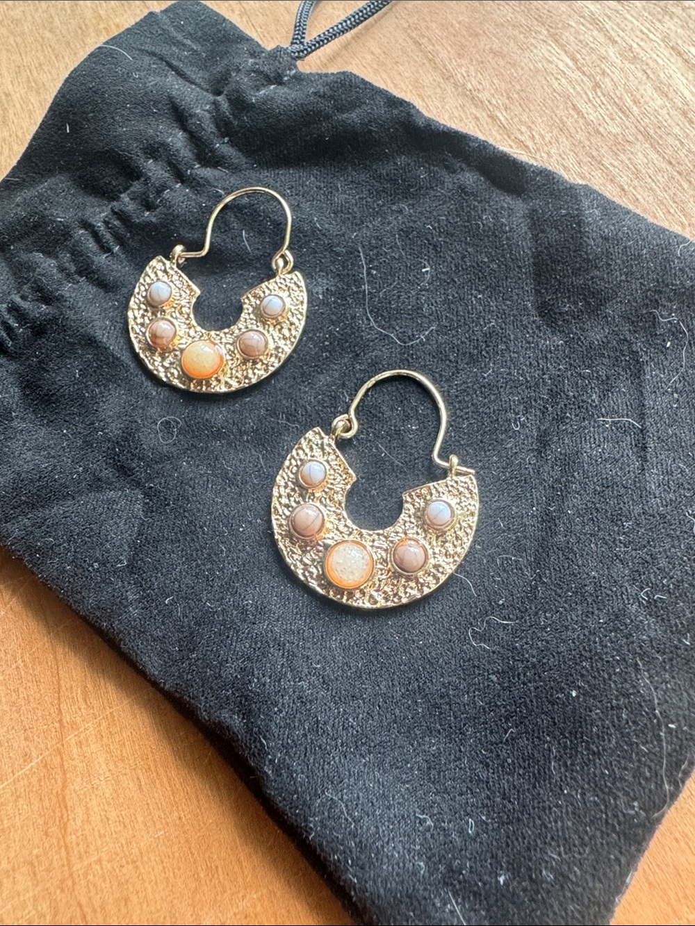 Gold Textured Crescent Earrings with Peach and Cream Accent Stones